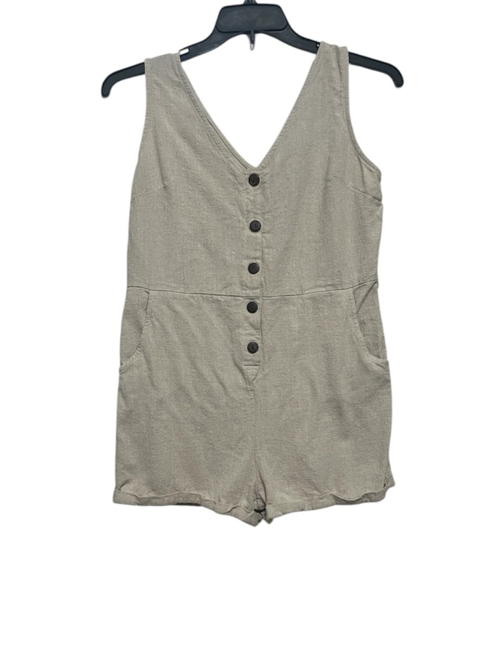Beige Linen Romper Womens Sleeveless Button Front V Neck Casual Summer Outfit